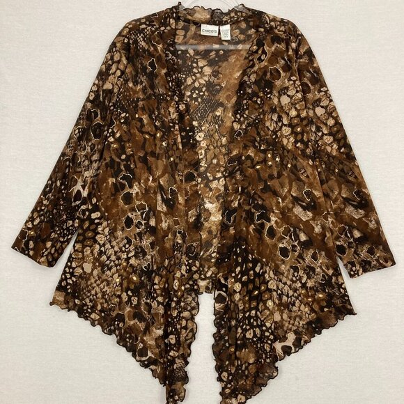 Chico's Brown Black Open Front Draped Lettuce Hem Stretch Cardigan XL/3 Preppy - Picture 1 of 9